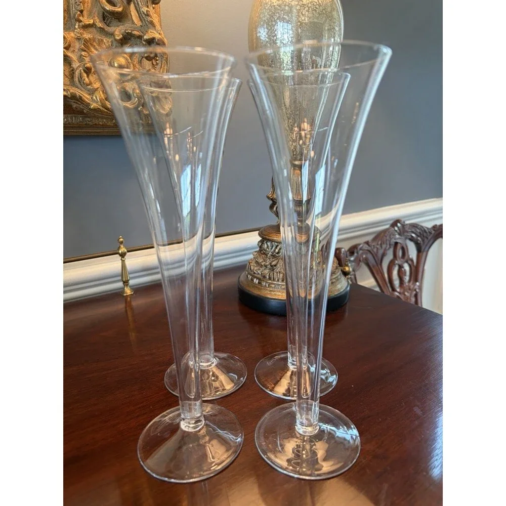 Crate & Barrel Optic Champagne Flutes Set 4 Modern Clear Glass Hollow Stem 10